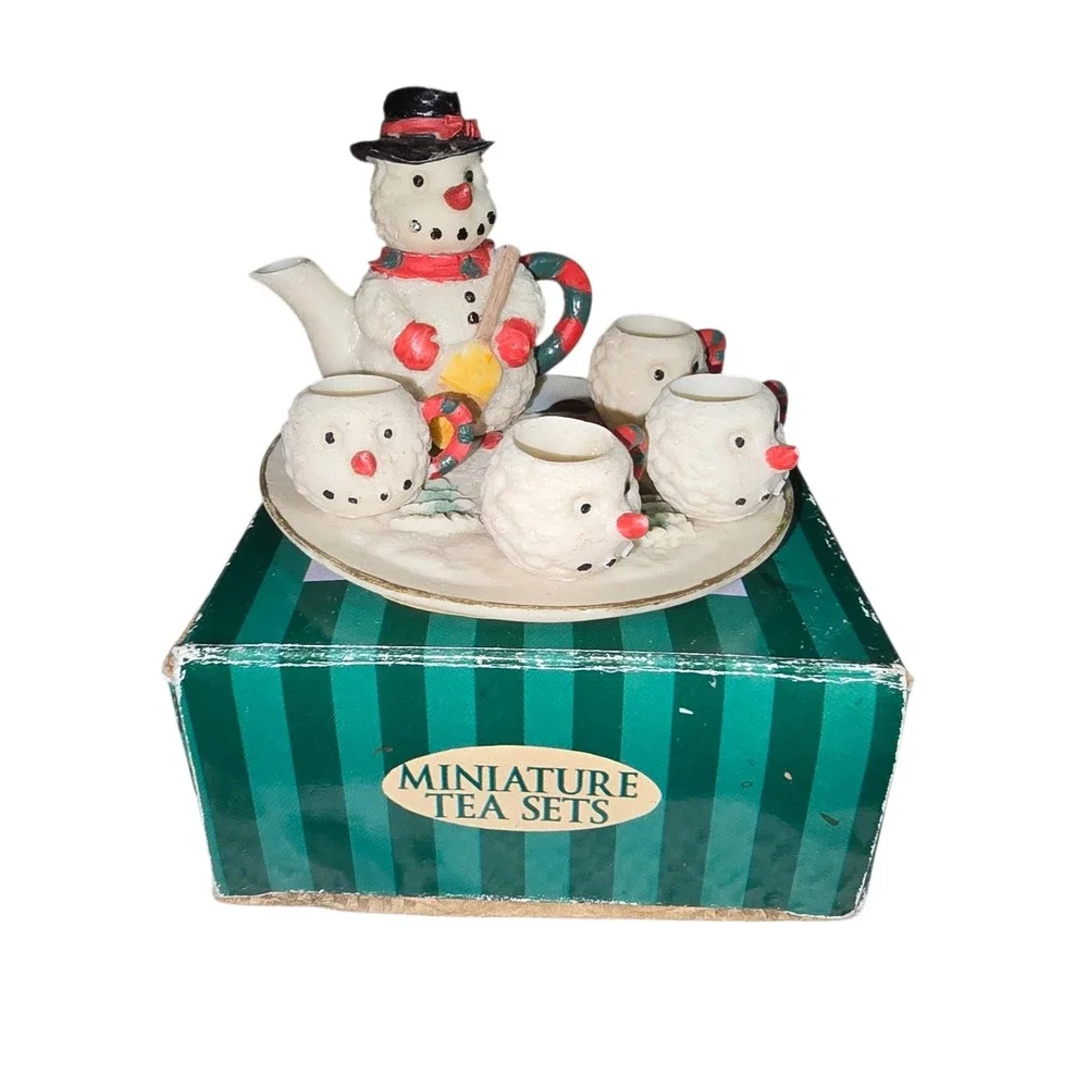 Snowman Miniature Tea Set Christmas Holiday Decor 6-Piece Ceramic Set Snowman